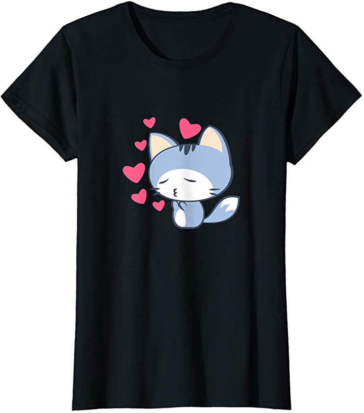 Womens Cute Japanese Aesthetic Anime Valentine’s Day Cat 90s Retro T-Shirt