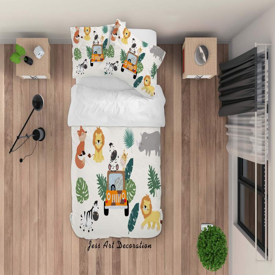 3D Cartoon Animal Lion Fox Zebra Rhinoceros Car Leaves Quilt Cover Set Bedding Set Duvet Cover Pillowcases SF18