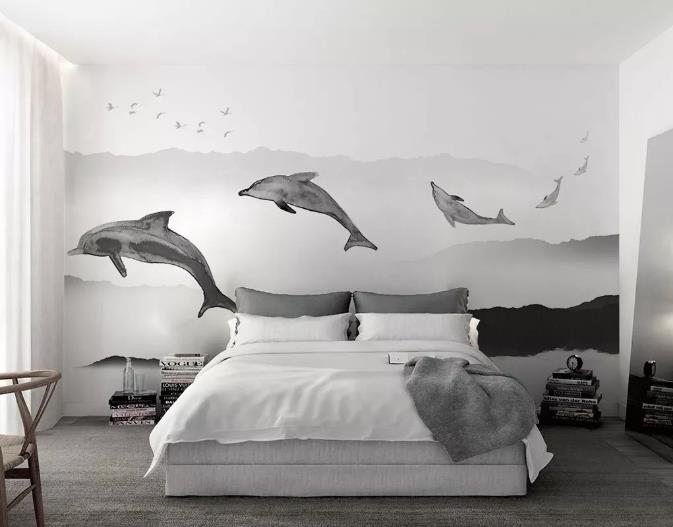 3D Black White Dolphin Wall Mural Wallpaper 216