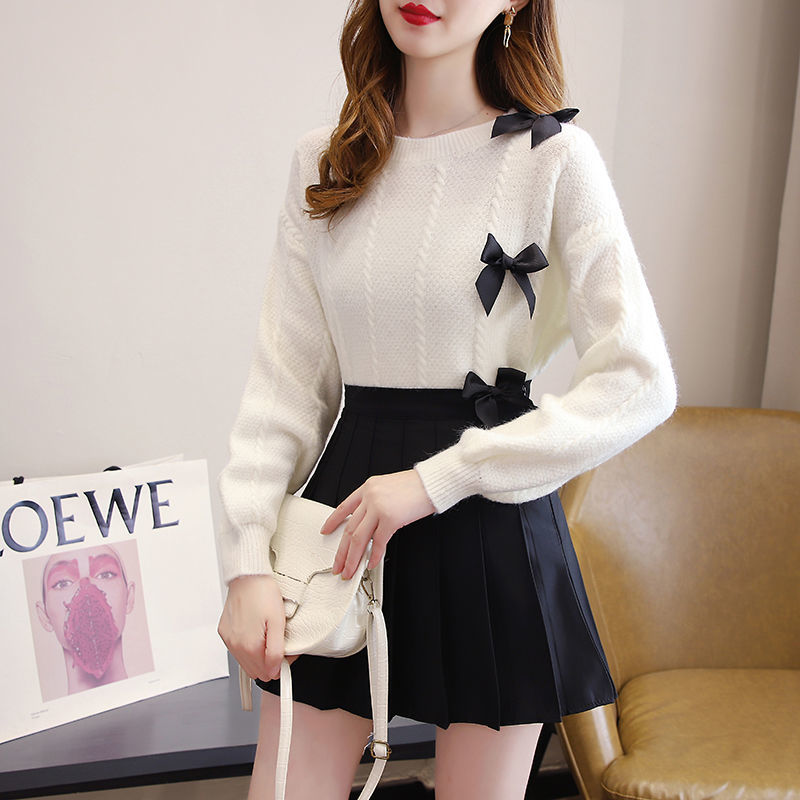 Women 2022 Autumn Winter New Fashion Set Female Long Sleeve Knit Sweater with High Waist Pleated Mini Skirt Two-piece Suit A101 alx