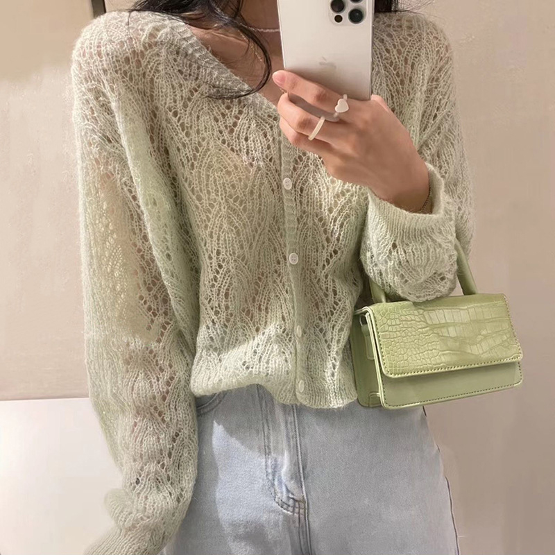 Women Elegant Long Sleeve Mohair Light Sweater Cardigan Autumn V Neck Hollow Out Knitted Coat Casual Soft Cropped Top Streetwear alx