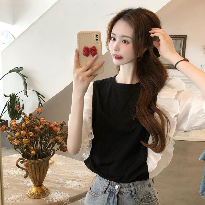 Y2k Tops Woman Tshirts Summer Fashion Sweet Tees 2022 Shirts for Women Ruffles T Shirts Contrast Color Korean T Shirt Oversized alx