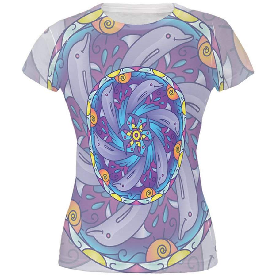 Mandala Trippy Stained Glass Dolphins All Over Juniors T Shirt