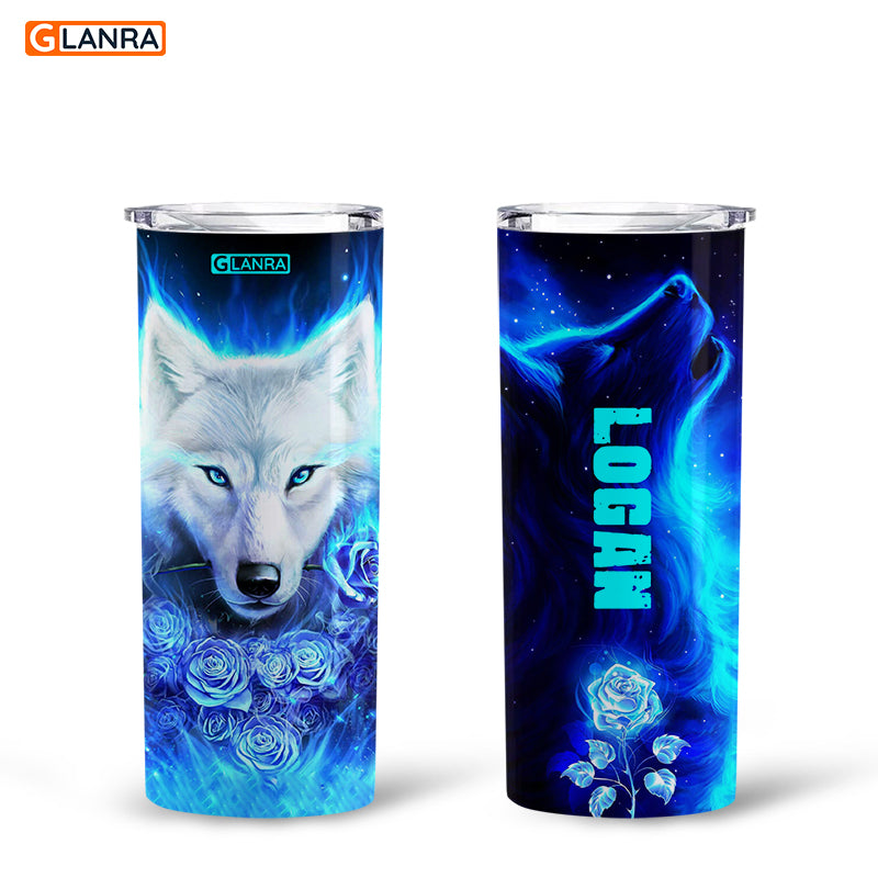 Personalized Midnight Wolf Rose Skinny Tumbler, Custom Wolf Skinny Tumbler, Gift For Wolf Lovers, Anniversary Gift, Gift For Her, Animal Wild Lovers