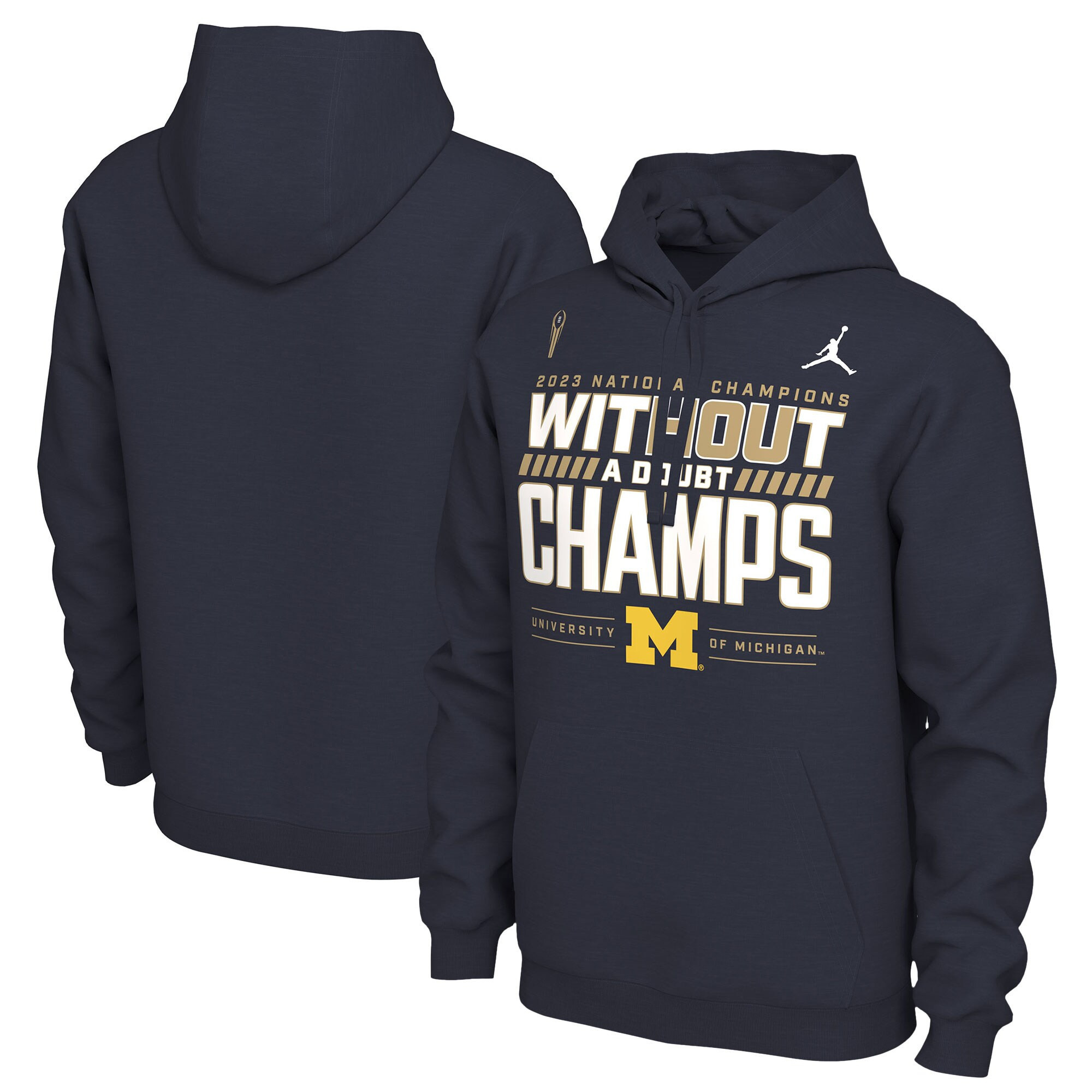Michigan Wolverines Football Playoff 2023 National Champions Locker Room Pullover Hoodie – Navy – Printed