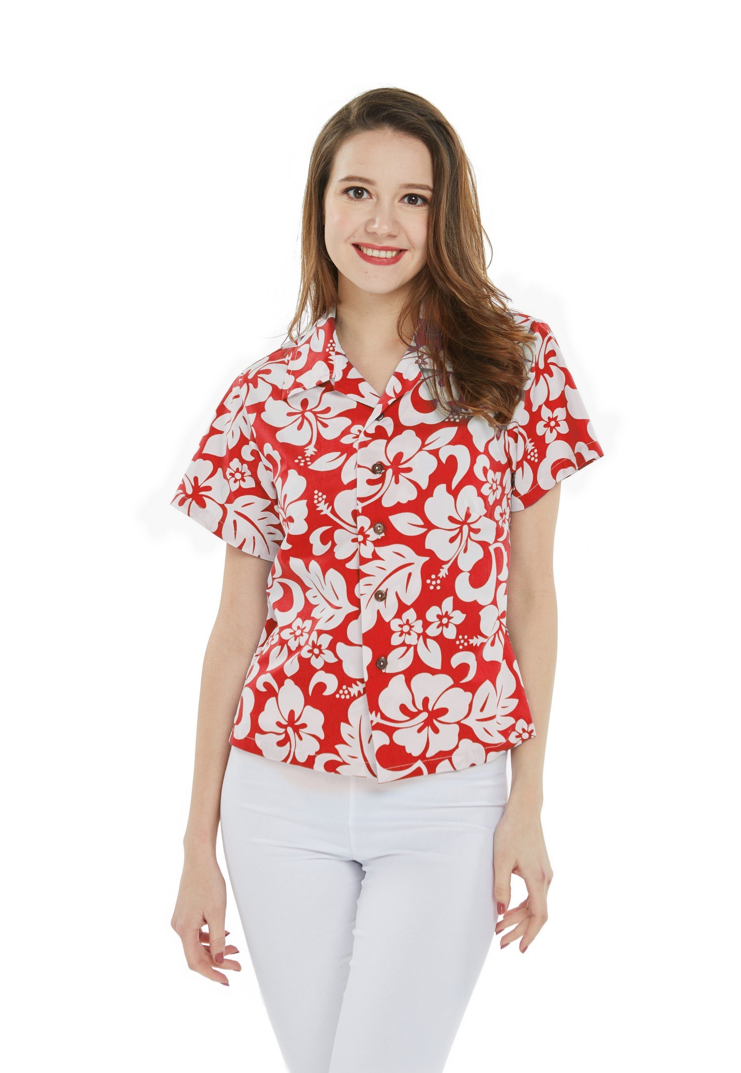 Women’s Lady Aloha Shirt in Vintage Hibiscus Red