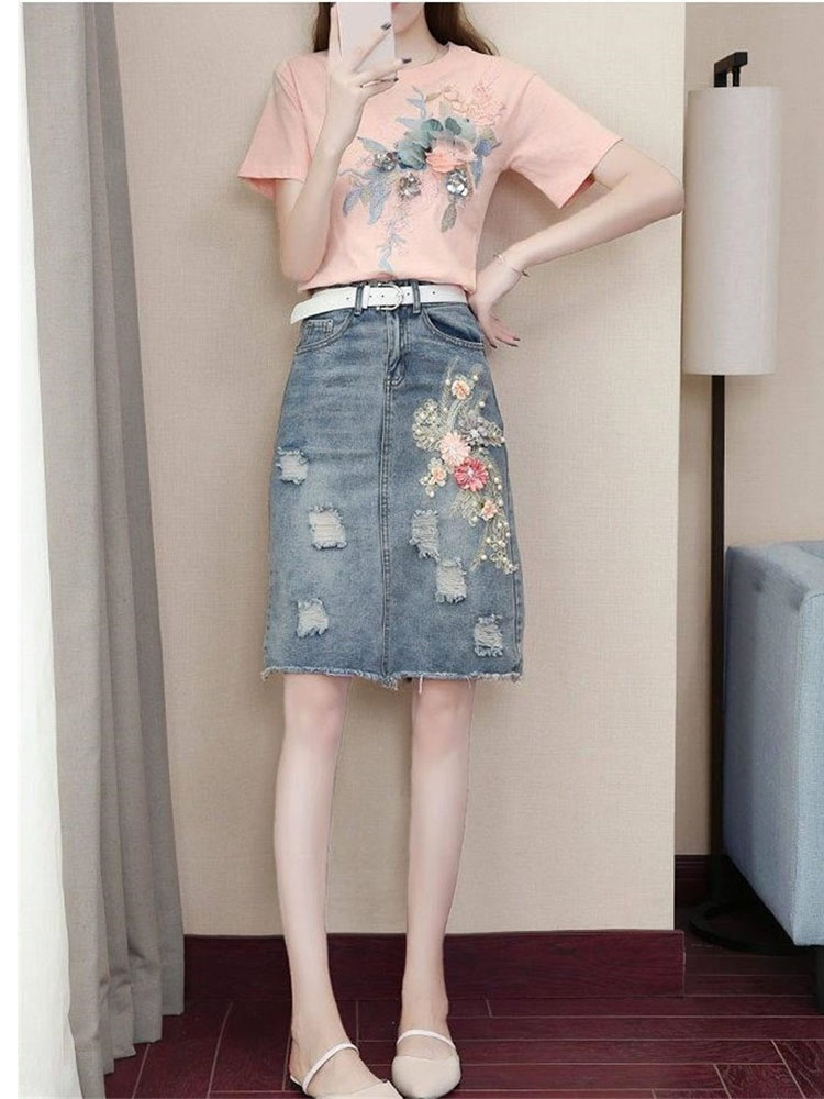 Summer Women 2 Piece Sets Embroidery 3D Flower T-shirt +Denim Skirt Sets Vintage Beading Heavy Work Skirts WOmen Outfit 3XL Y716 alx