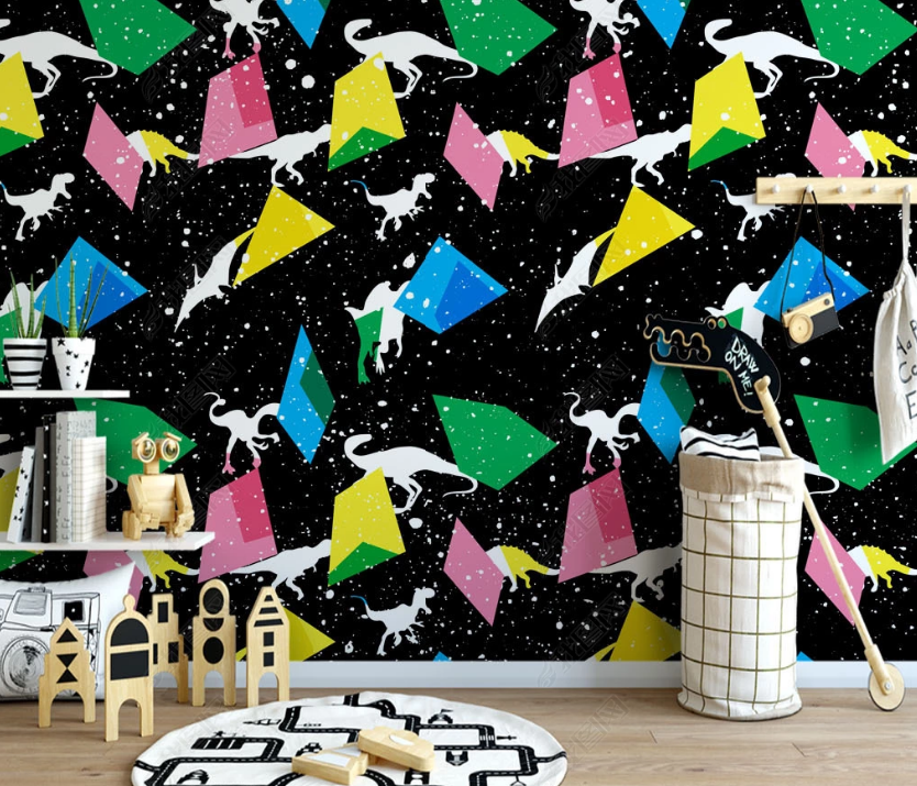 3D Hand Drawn Colorful Geometric Dinosaur Wall Mural Wallpaper Lqh 57