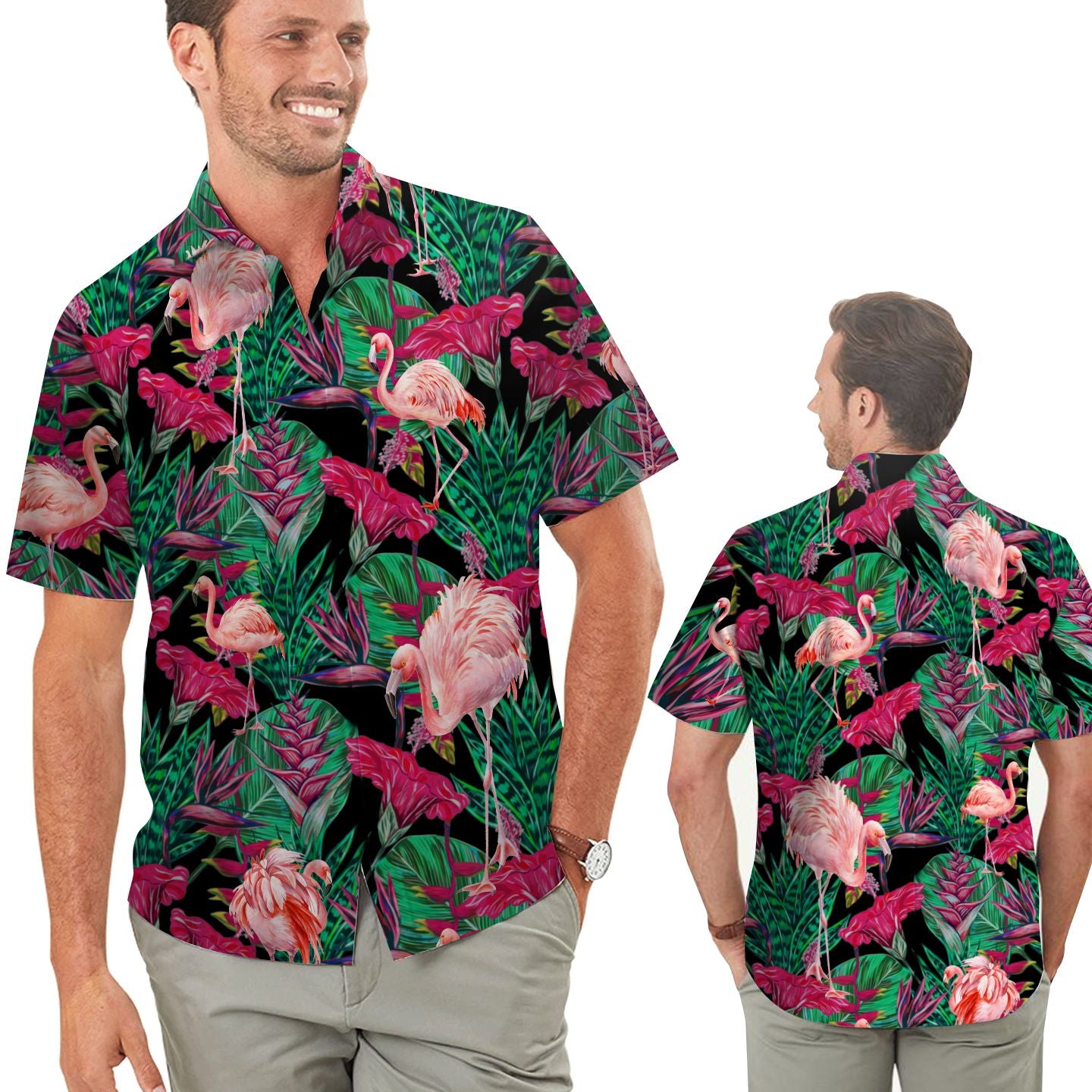 Flamingo Tropical Floral Men Hawaii Summer Beach Shirts For Lovers Ha16925