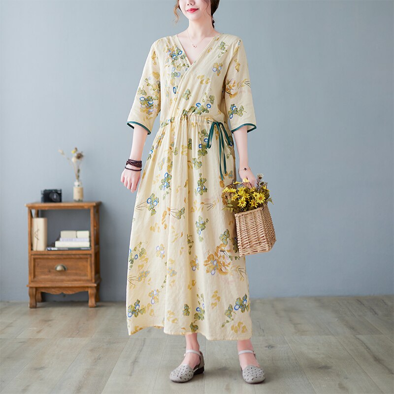 2022 New Arrival V-neck Print Floral Thin Soft Loose Cozy Summer Dress Draw String Holiday Travel Style Women Casual Beach Dress alx