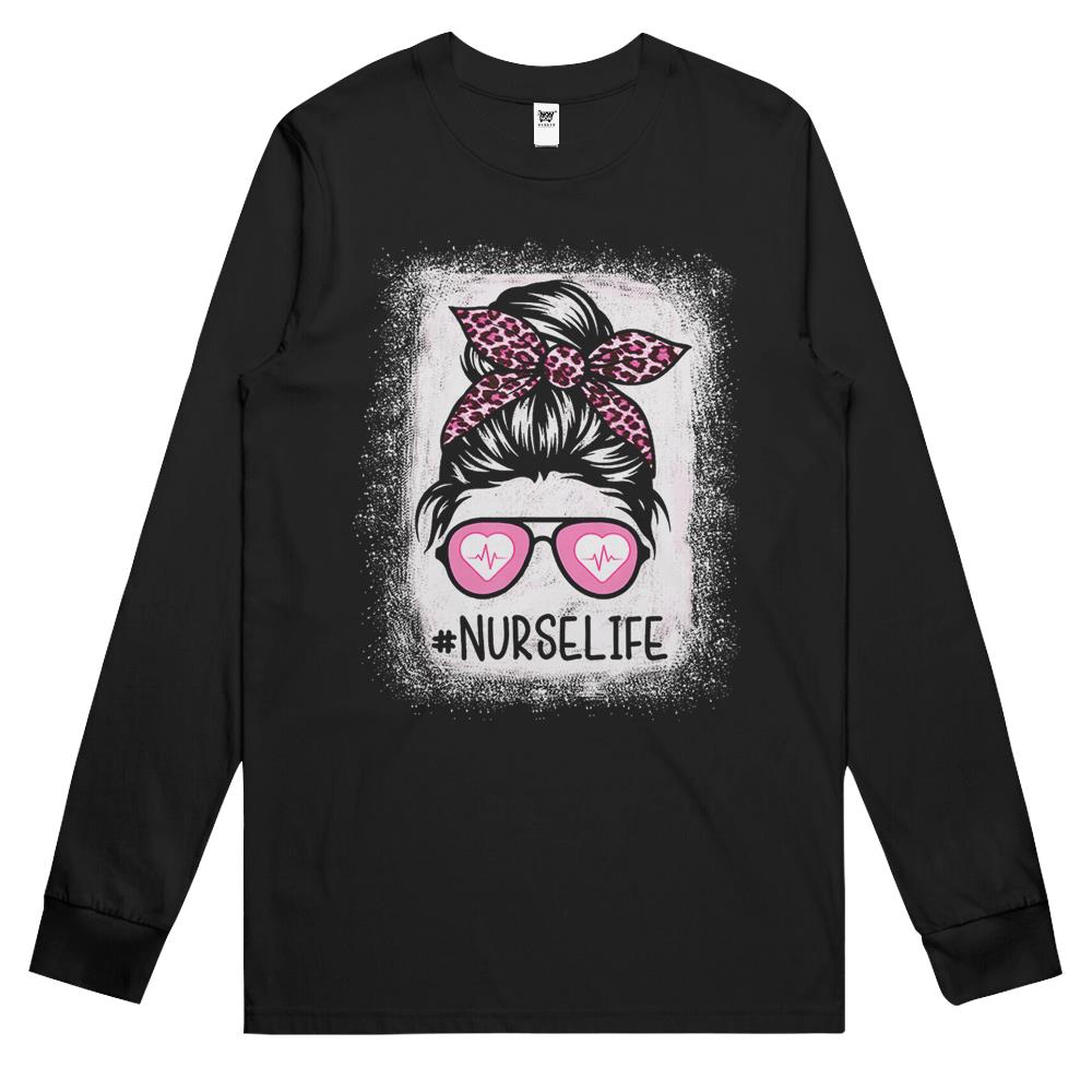 Nurse Life Bleached Shirts Pink Leopard Messy Bun Nurse Life Long Sleeve T Shirts