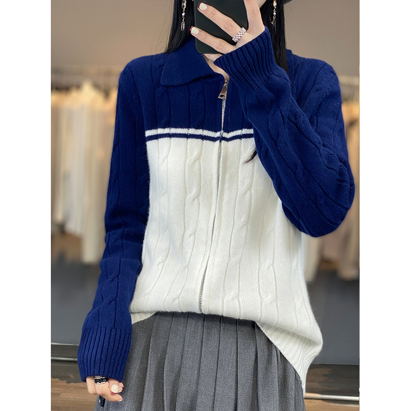 100% Merino Cardigan Women’s Fashion Color Blocking Knitted Twist Jacket Korean Zipper Lapel Cardigan Sweater Autumn and Winter alx