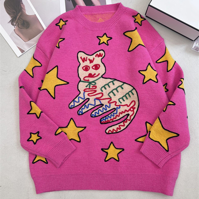 2022 Autumn New Star Cat Jacquard Animal Embroidery Loose Knitted Top Women O-Neck Pullover Long-Sleeved Women Sweater alx