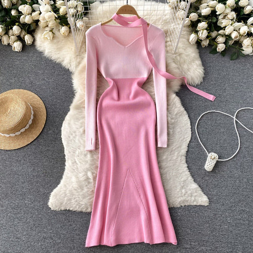 Woman Party Y2k Sexy Casual Aesthetic Trumpet Mermaid V Neck Autumn Winter Girl Ins High Waist Harajuku Female Clothing Dresses alx