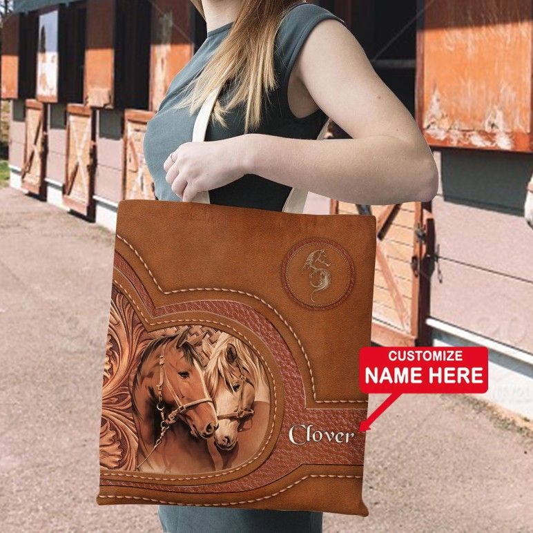 Couple Horse Love Gift Leather Color 3d Printed Custom Name Tote Bag