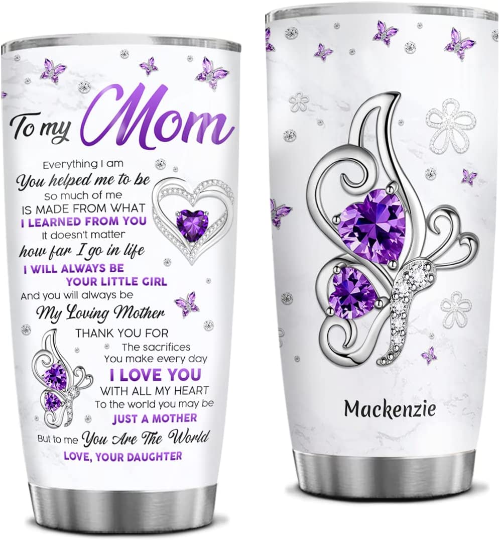 Mom Tumbler Personalized Mothers Day Gifts From Daughter To My Mom Butterfly Jewelry Drawing Style Stainless Steel Tumblers With Lid 20Oz 30Oz Birthday Christmas Presents For Best Mom Ever