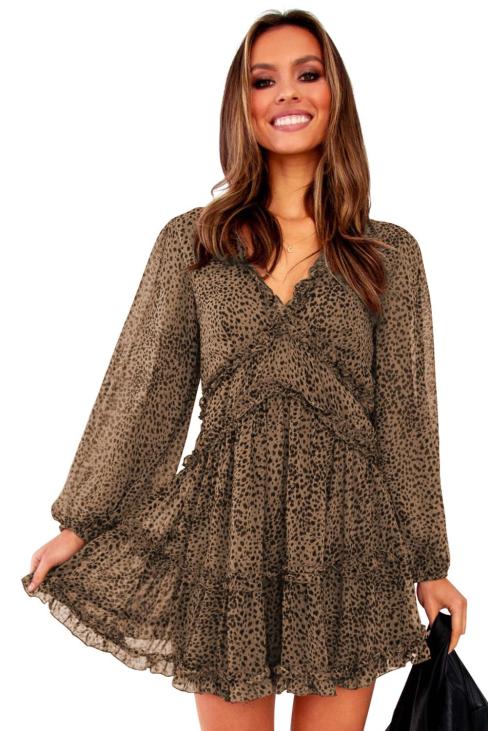 Tallie Women’S V Neck Long Sleeves Ruffle Open Back Floral Dress Leopard