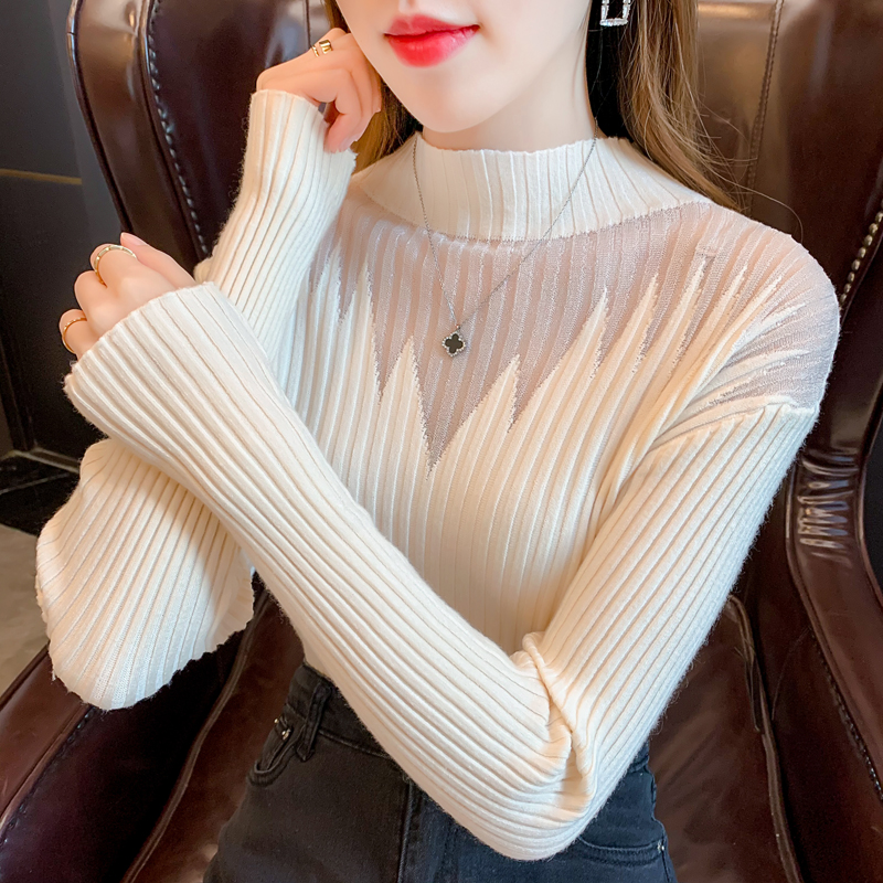 2022 Fashion Mesh Stitching Hollow Out Long Sleeve Pullover Women Sweaters Autumn Half High Collar Bottoming Knitted Tops 23071 alx