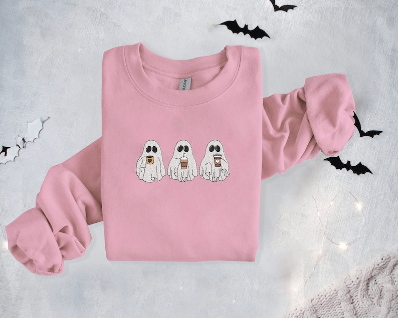 Coffee Ghosts Halloween Embroidered Sweatshirt 2D Crewneck Sweatshirt All Over Print Sweatshirt For Women Sweatshirt For Men Sws4297