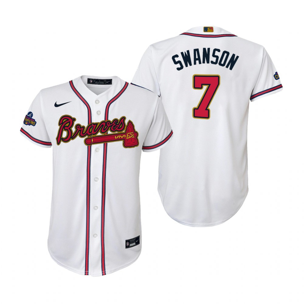 Youth Dansby Swanson 7 Jersey, Atlanta Braves White 2022-23 Gold Program Jersey