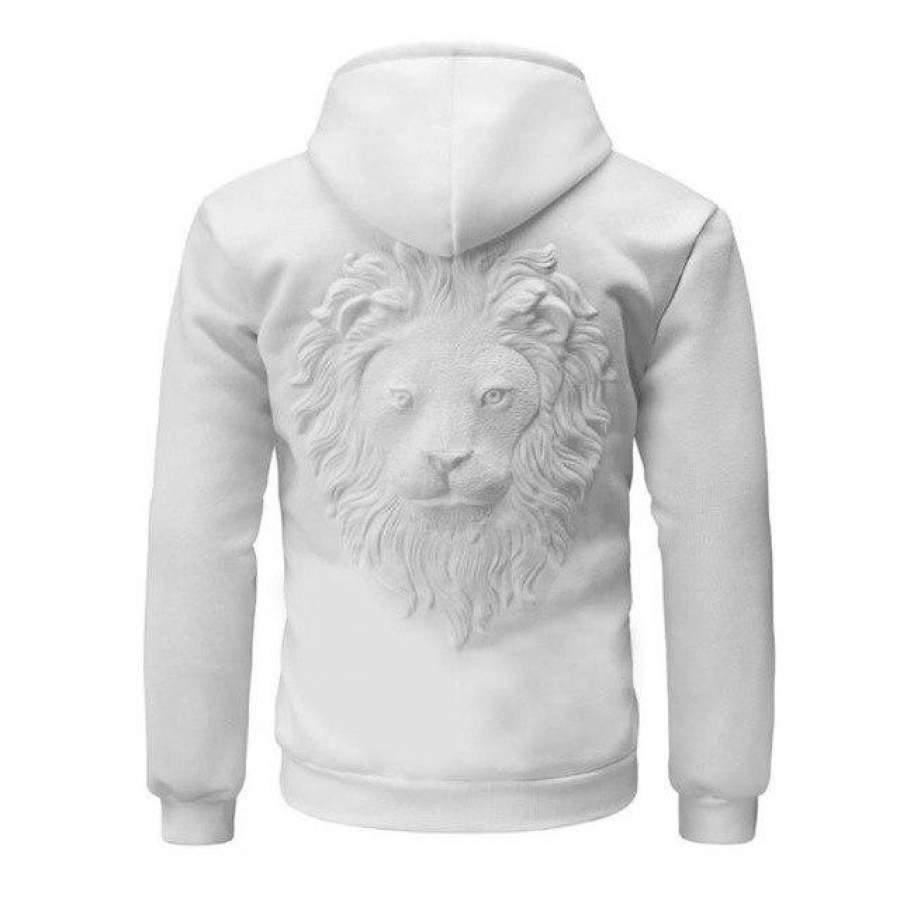 Autumn Winter 3D Lion Head Print Embossing Men’s Hoodie Casual Solid Hooded Sweatshirt Male Black White Personality Hoodies