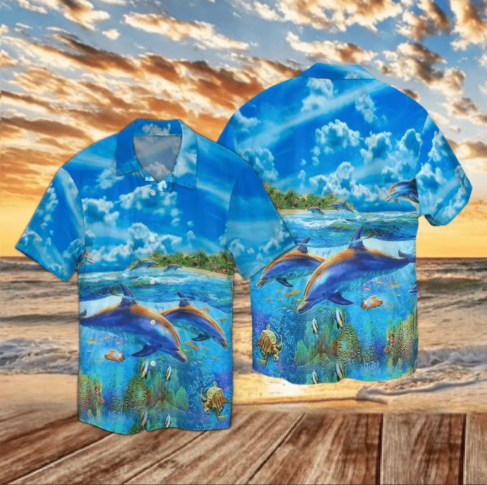 Beach Shirt Two Dolphins Under The Sea Hawaiian Shirts #Dh