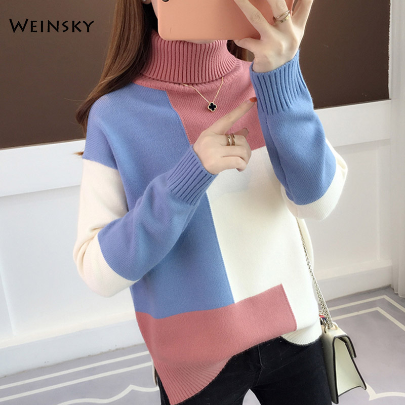 Women Turtleneck Knitted Sweater And Pullovers Korean Style Fashion Female Patchwork Sweaters Winter And Autumn 2019 New alx