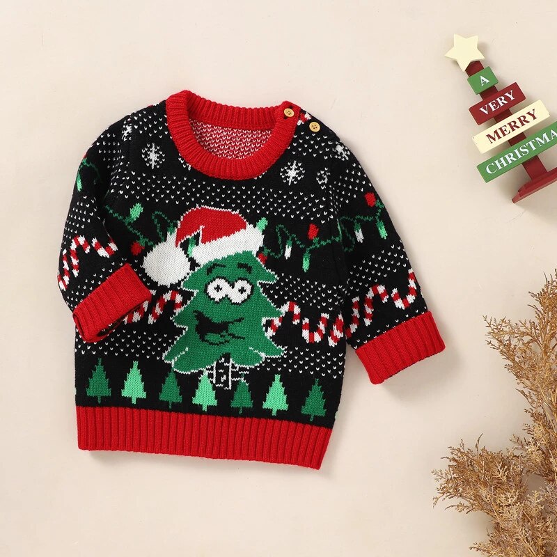 0-3Y Toddler Baby Sweater Knitted Cartoon Christmas Pattern Jacquard Design Long Sleeve Round Neck Warm Sweater Tops alx