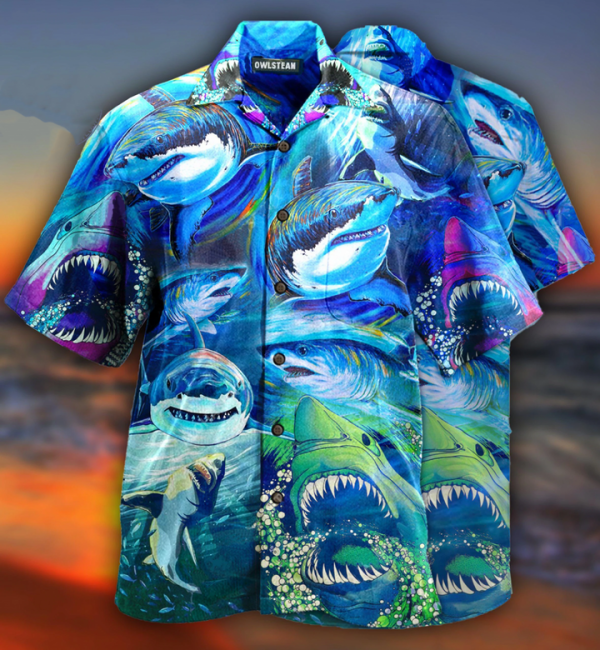 Shark Be A Shark Watercolor Cyan Blue Colorful Hawaiian Shirt 3D