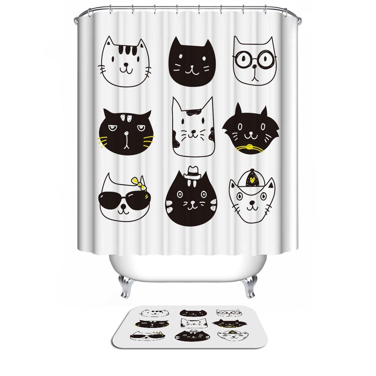 The Cute White And Black Cats Painting Design 3D Printed Shower Curtain Gift Home Decoration