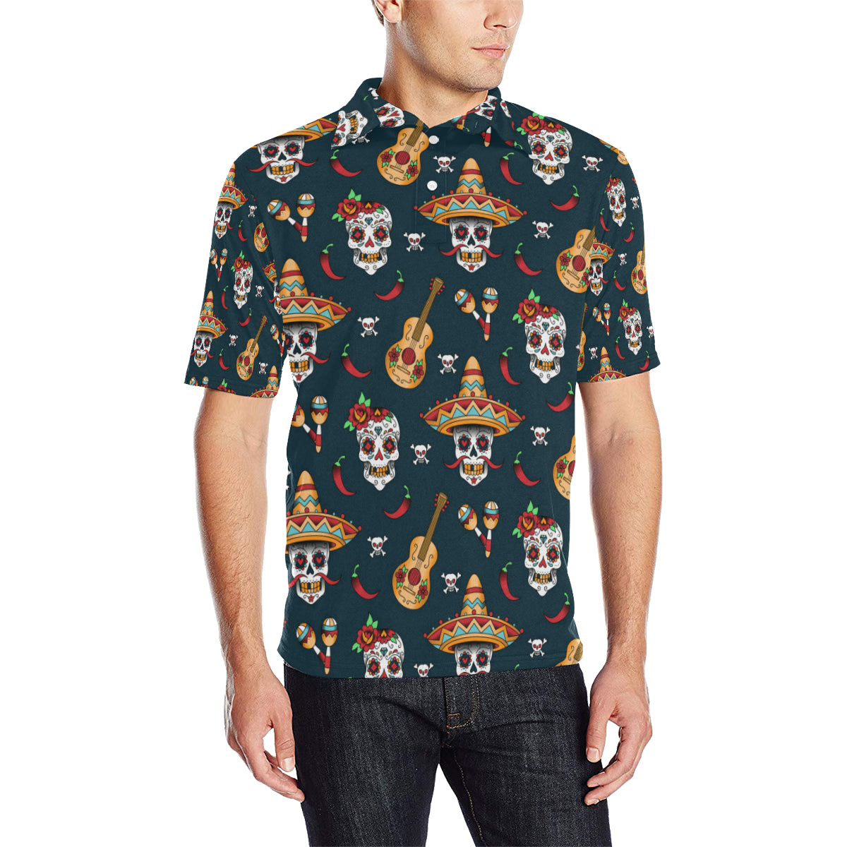 Sugar Skull Mexican Men Polo Shirt