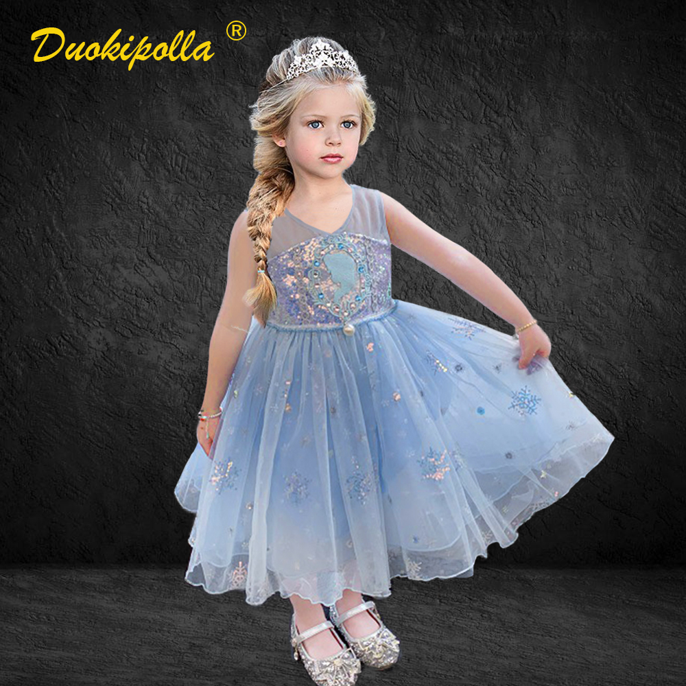 Toddler Girl Light Blue Elsa Dress Party Sequins Pearl Sleeveless Dresses Fancy Fairy Princess Costume Child Summer Tutu Dress alx