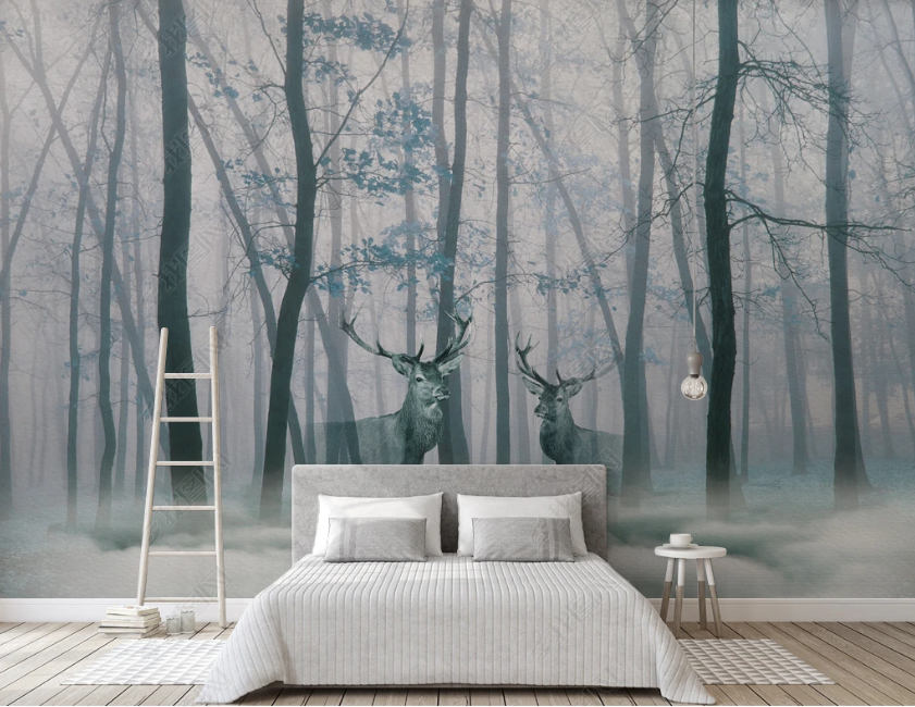 3D Hand Drawn Grey Forest Animal Elk Wall Mural Wallpaper Lqh 101