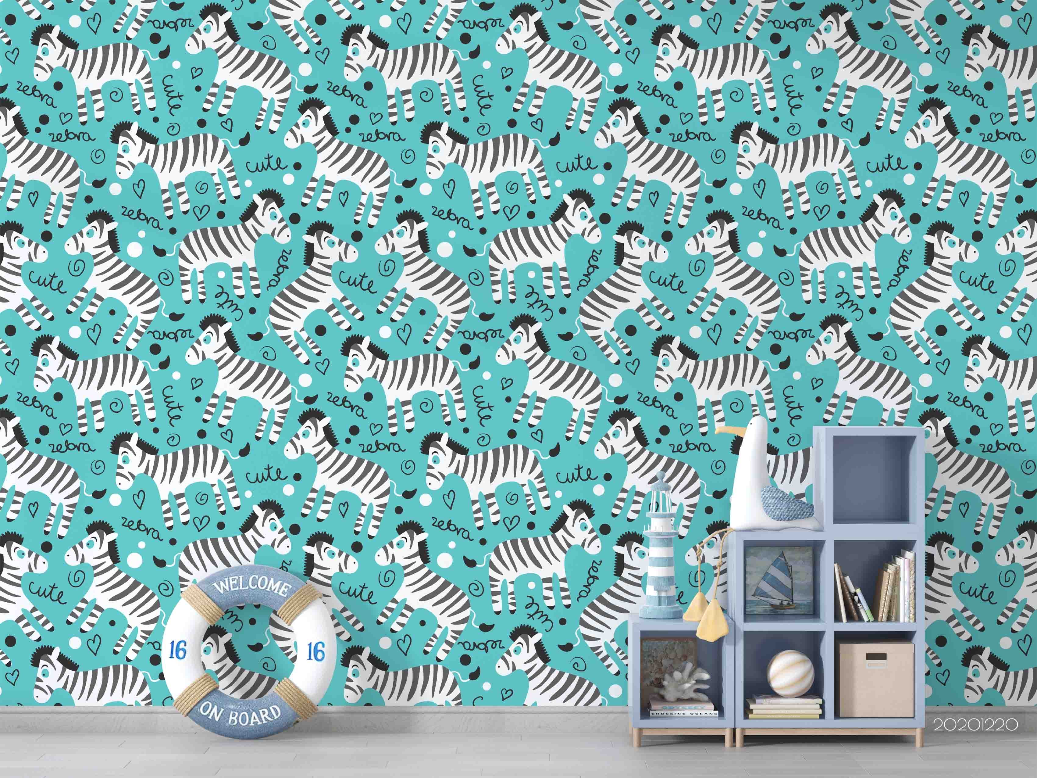 3D Hand Drawn Animal Zebra Blue Wall Mural Wallpaper Lqh 89