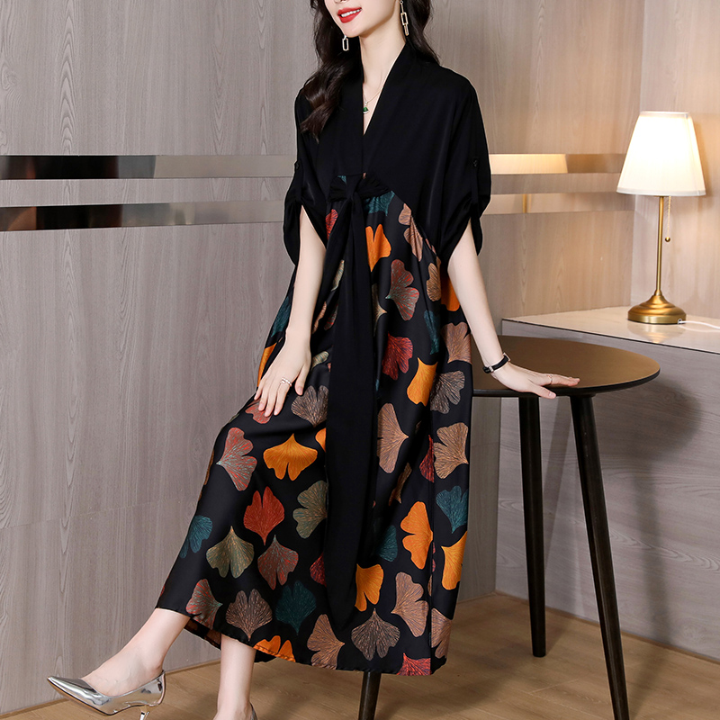 2022 Summer Silk Printed Mulberry Silk Midi Dress Fall Retro Casual 5XL Plus Size Long Sleeve Dress Elegant Women Vestidos alx