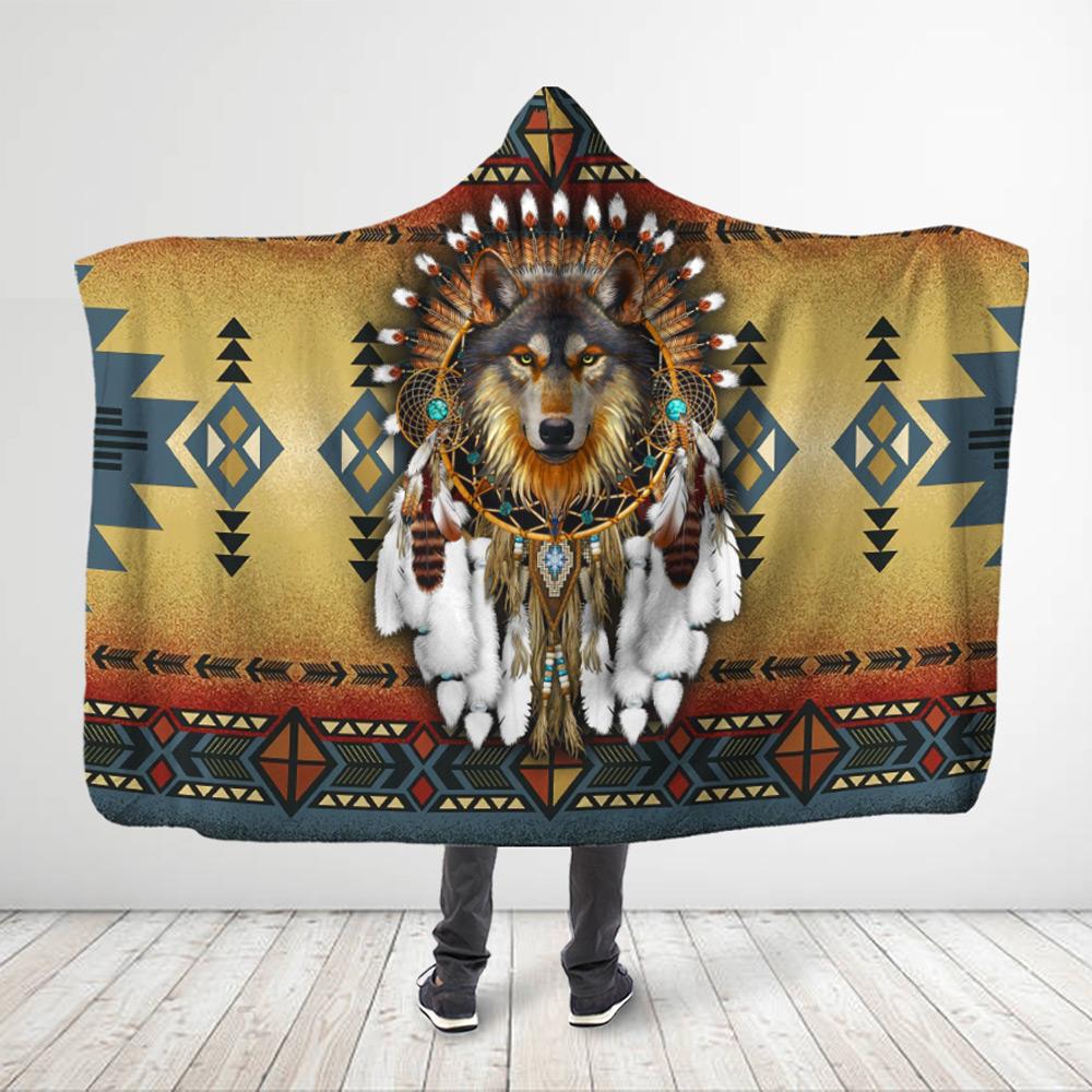 3D All Over Printed Native America Wolf Dreamcatcher Hooded Blanket
