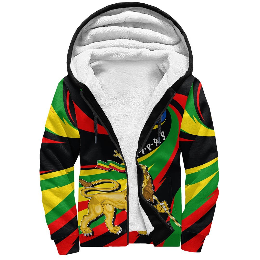 1stTheWorld Sherpa Hoodie Ethiopia Flag Lion Map A30