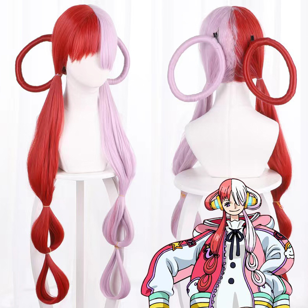 Anime ONE PIECE FILM RED UTA Cosplay 90cm Long Half Red and Purple Synthetic Hair Halloween Party Costume Wigs with Wig Cap alx