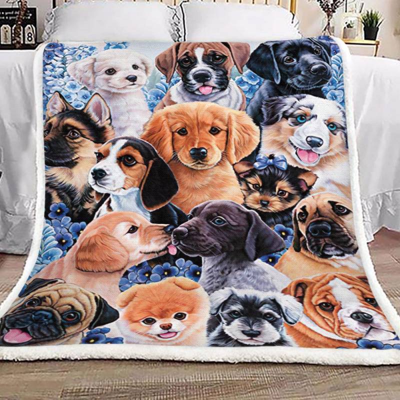 Puppy Dog Blue Flower HM2812074TT Sherpa Fleece Blanket