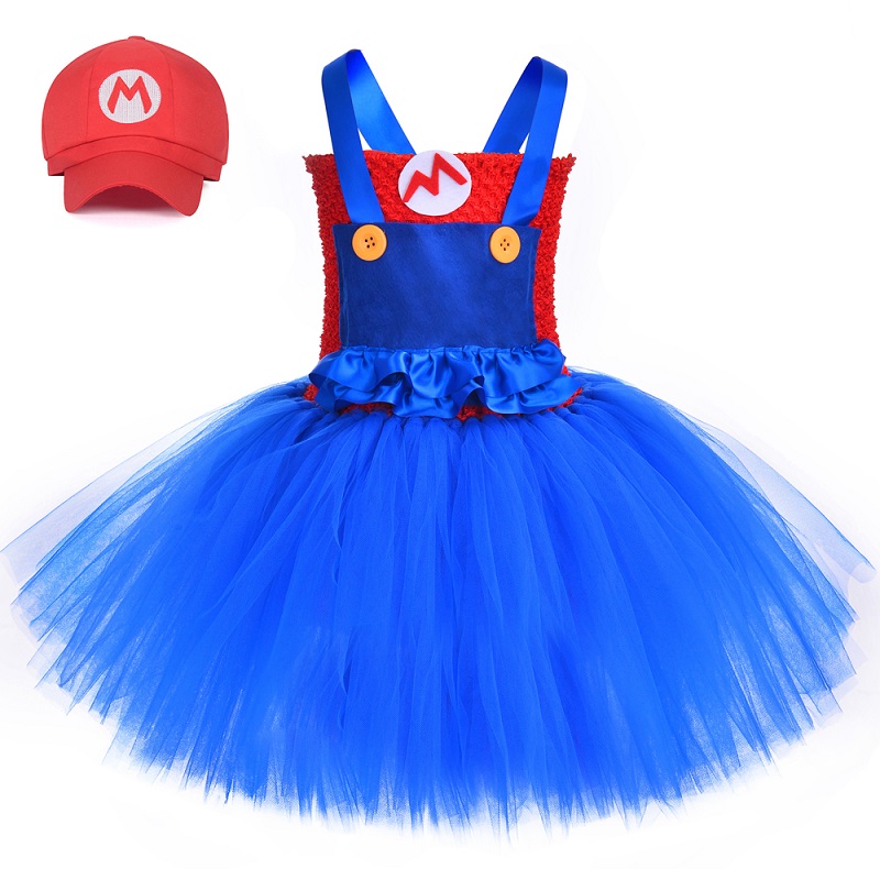 Super Mario Costume with Hat Tulle Girls Fancy Tutu Dress Up Set Children Halloween Party MARIO & LUIGI Costume for Kids 1-14Y alx