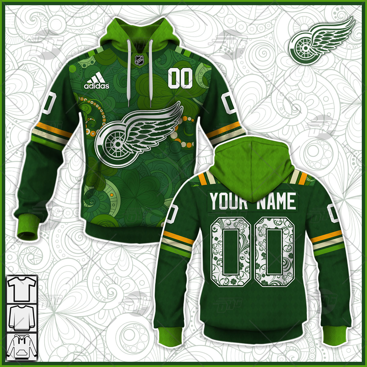 Personalized Detroit Red Wings Jersey 2022 St Patricks Day Hoodie Long Sleeve Personalize Hoodie