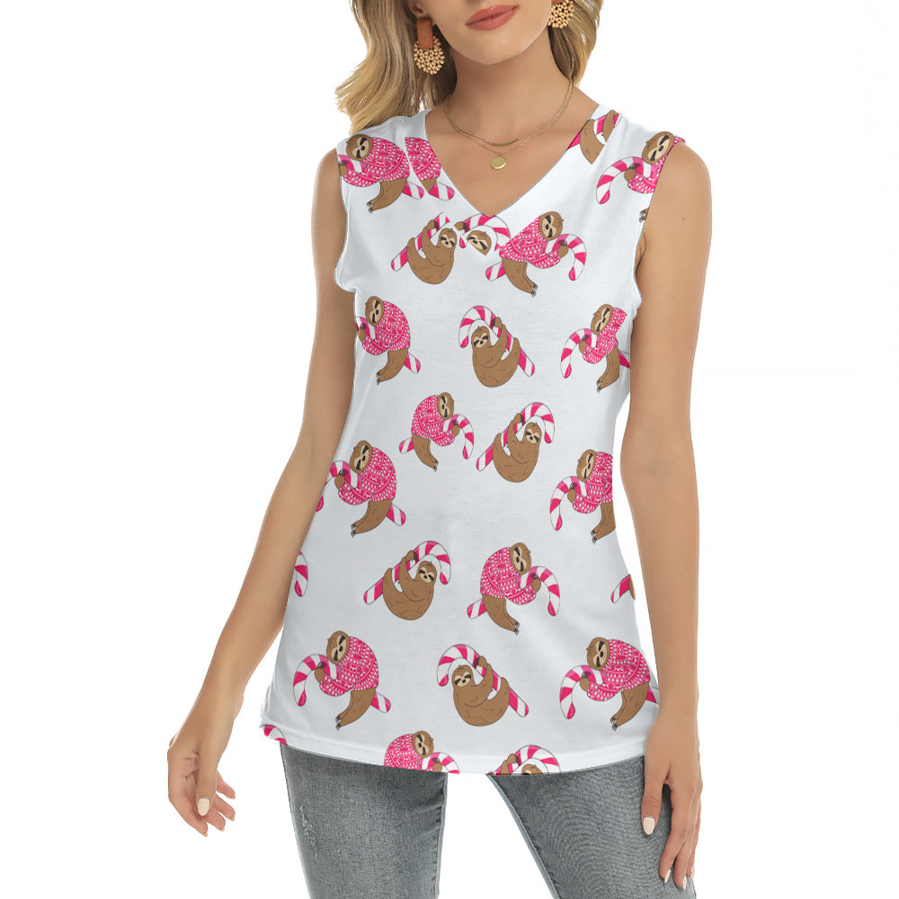 Sloth And Candy Cane Sleeveless V-Neck T-Shirt