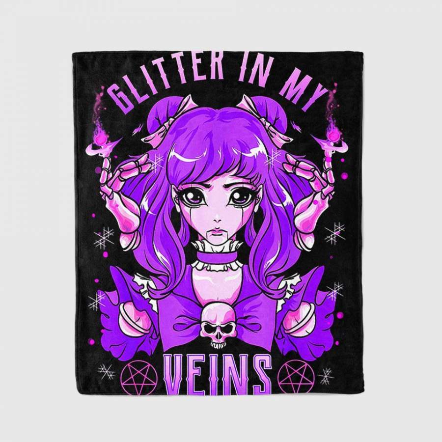 Kawaii Glitter In My Veins Witchcraft Anime Girl Japanese Blanket Personalized Fleece Blanket Halloween Gifts