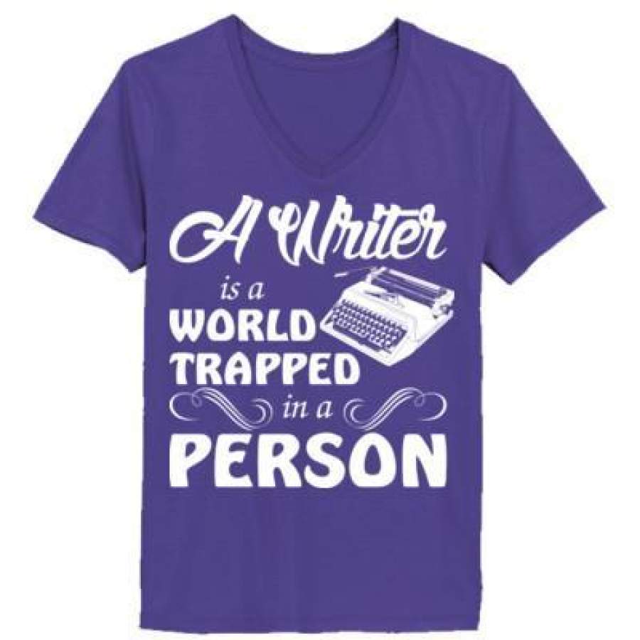 AGR A Writer Is World Trapped In A Person – Ladies’ V-Neck T-Shirt