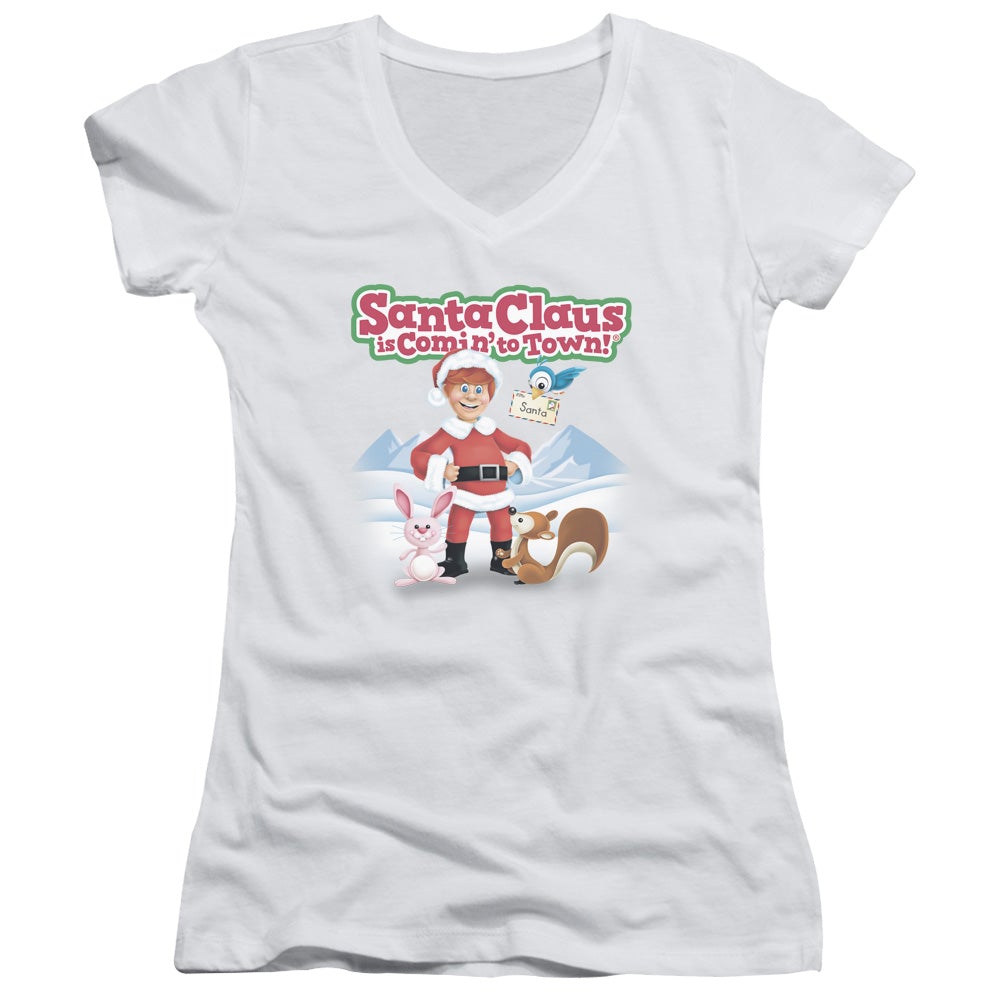 Santa Claus Is Comin To Town Animal Friends Junior Sheer Cap Sleeve V-Neck Womens T Shirt White