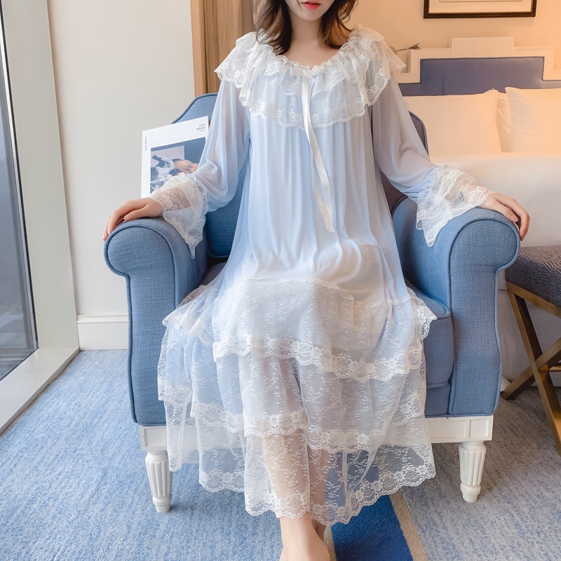 Women Lolita Night Dress Princess Sleepwear Multilayer Lace Mesh Romantic Vintage Victorian Nightgowns Nightdress Lounge Wear alx