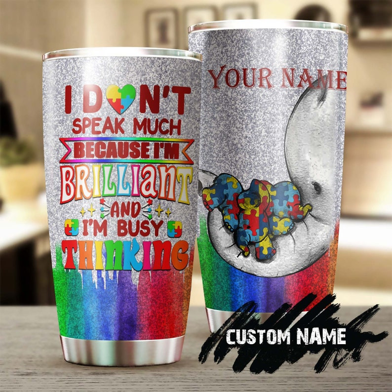 Autism Busy Thinking Cute Elephant Personalized Steel Tumbler- Autism Tumbler – Autism Gift – Gift For Autism Parent – Gift For Autism Child