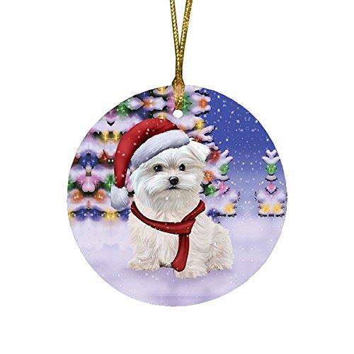 Winterland Wonderland Maltese Puppy Dog In Christmas Holiday Scenic Background Round Ornament