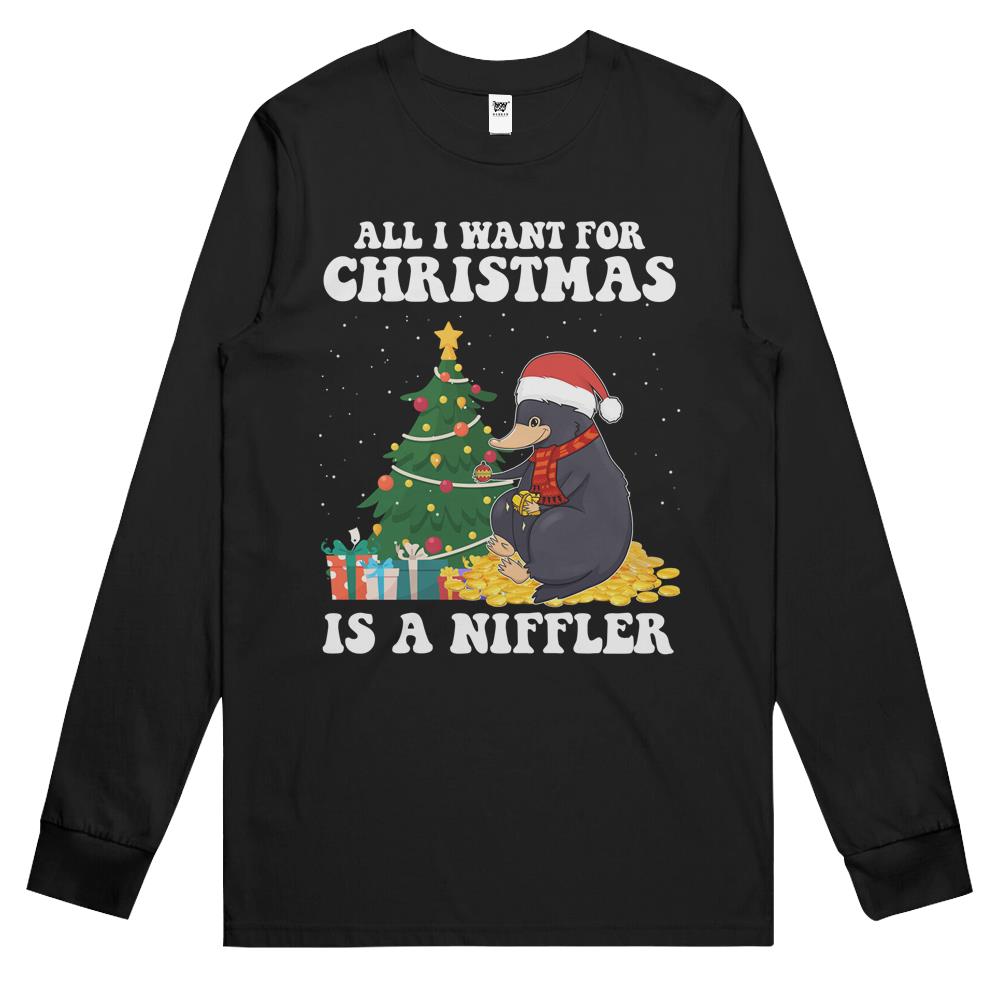 All I Want For Christmas Is A Niffler Cute Pajamas Merry Christmas Long Sleeve T Shirts