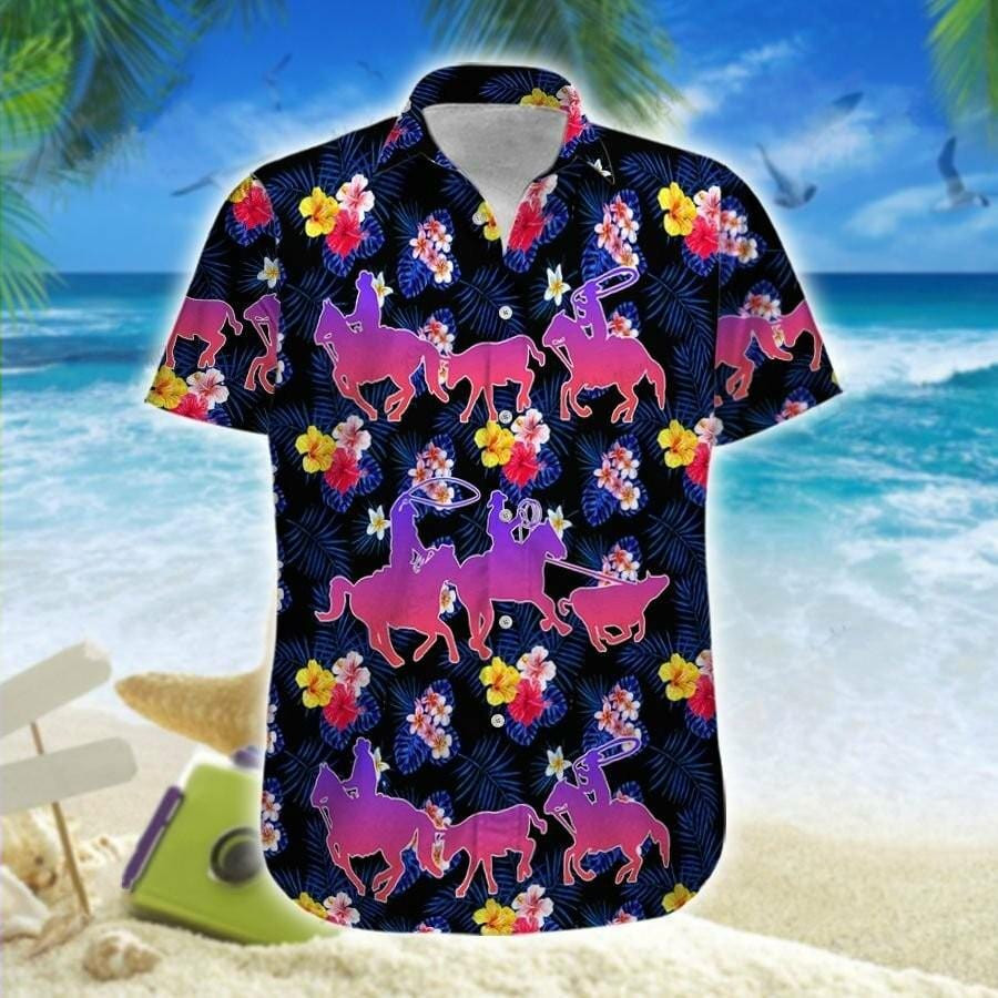 Hawaii Aloha Shirts Team Roping Hibiscus Colorful Ha77538